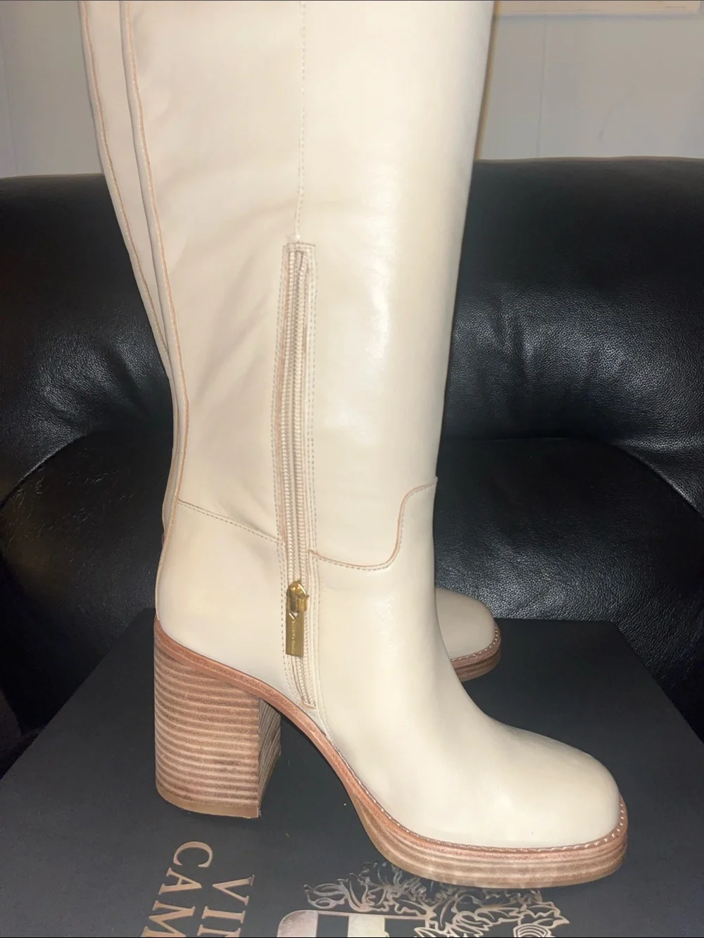 Vince Camuto Cream Leather Over-the-Knee Block Heel Boots